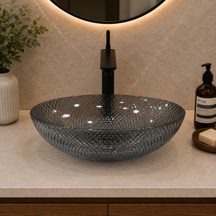 Bassino smoky grey textured glass table top wash basin, 430 x 320 x 120 mm oval countertop basin for modern luxury bathrooms