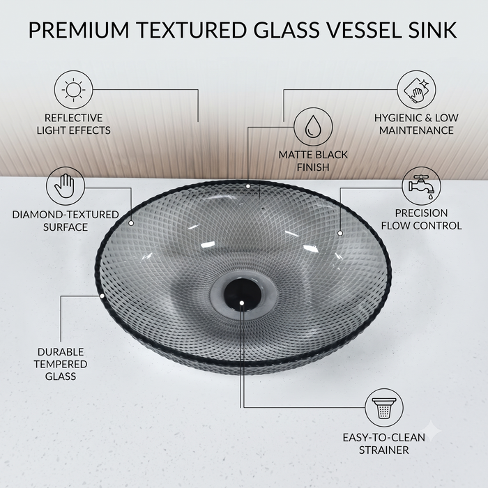 Bassino smoky grey textured glass table top wash basin, 430 x 320 x 120 mm oval countertop basin for modern luxury bathrooms