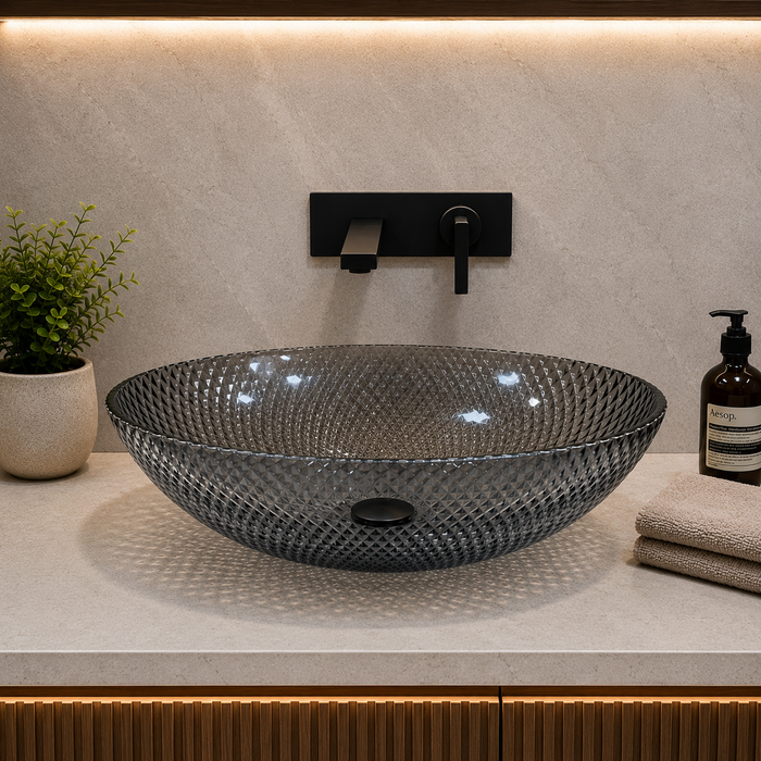 Bassino smoky grey textured glass table top wash basin, 430 x 320 x 120 mm oval countertop basin for modern luxury bathrooms