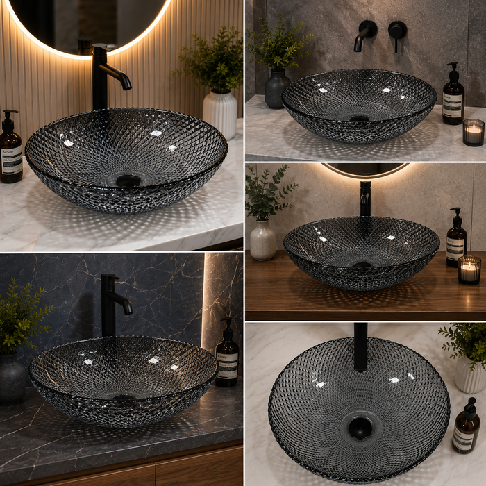 Bassino smoky grey textured glass table top wash basin, 430 x 320 x 120 mm oval countertop basin for modern luxury bathrooms