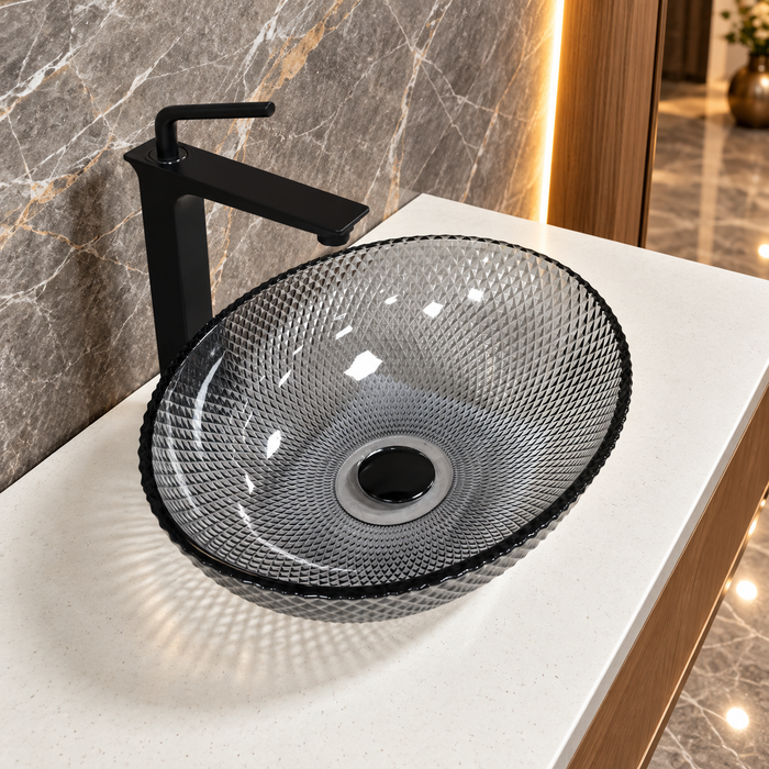 Bassino smoky grey textured glass table top wash basin, 430 x 320 x 120 mm oval countertop basin for modern luxury bathrooms