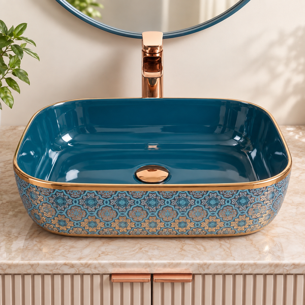 18" Teal Blue & Gold Designer Ceramic Table Top Wash Basin – Glossy Finish (18" × 13" × 5" IN)