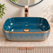 Bassino teal blue and gold ceramic table top wash basin 18x13x5 inch glossy designer countertop basin for modern luxury bathroom.