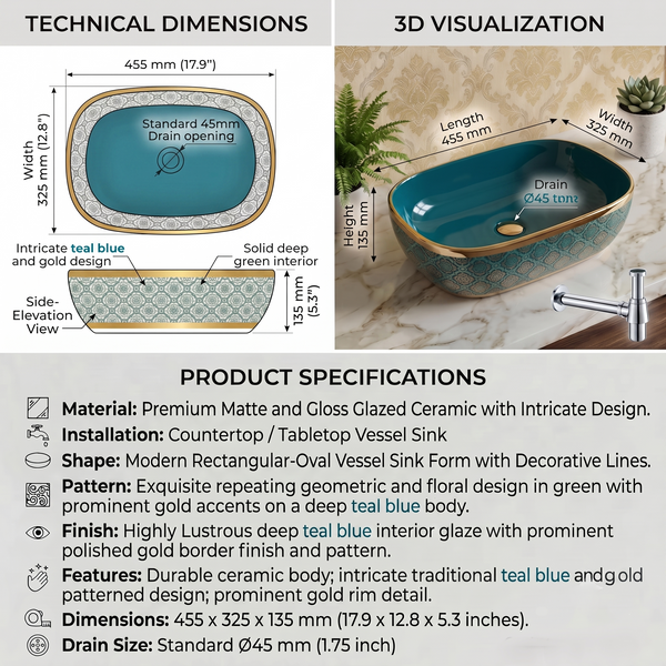 18" Teal Blue & Gold Designer Ceramic Table Top Wash Basin – Glossy Finish (18" × 13" × 5" IN)