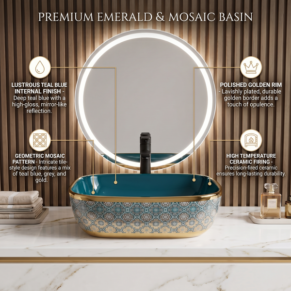 18" Teal Blue & Gold Designer Ceramic Table Top Wash Basin – Glossy Finish (18" × 13" × 5" IN)