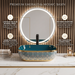 Bassino teal blue and gold ceramic table top wash basin 18x13x5 inch glossy designer countertop basin for modern luxury bathroom.