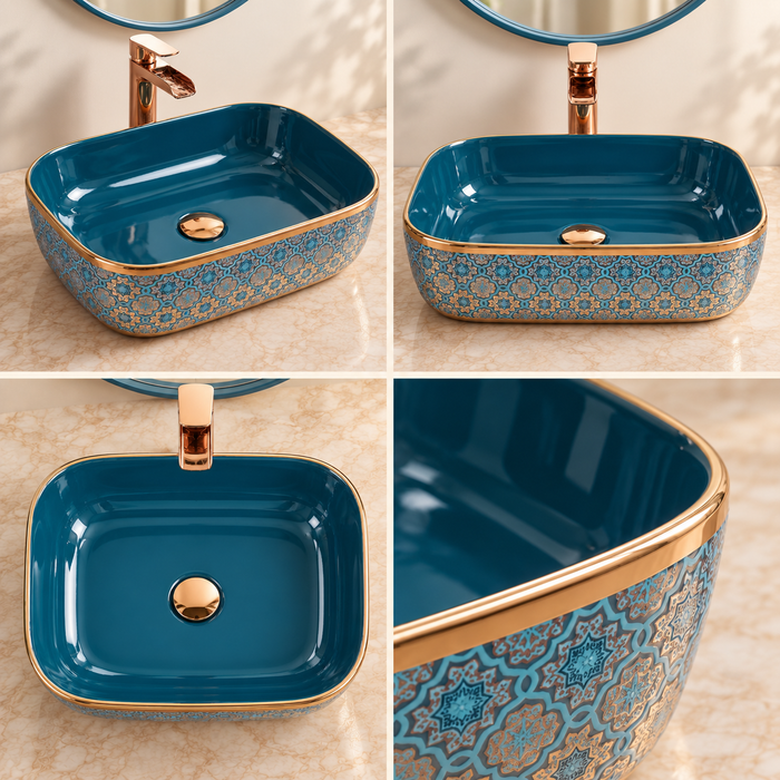 Bassino teal blue and gold ceramic table top wash basin 18x13x5 inch glossy designer countertop basin for modern luxury bathroom.