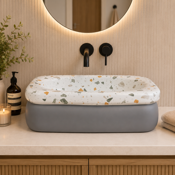 Bassino 18" × 13" Terrazzo Design Ceramic Table Top Wash Basin – Matte Finish