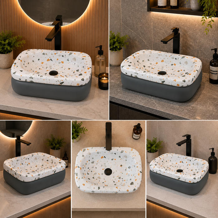 Bassino terrazzo design table top wash basin 460x320x140 mm with glossy white multicolor stone pattern and grey base for modern bathroom countertop.
