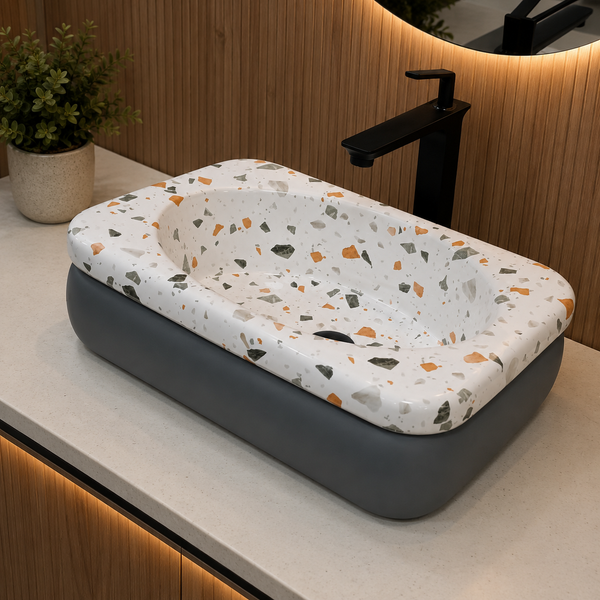 Bassino 18" × 13" Terrazzo Design Ceramic Table Top Wash Basin – Matte Finish