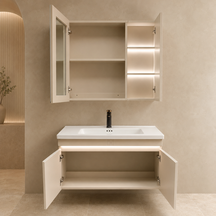 Bassino wall-mounted vanity set with upper mirror cabinet and lower cabinet doors open, showing spacious internal storage and illuminated shelves.
