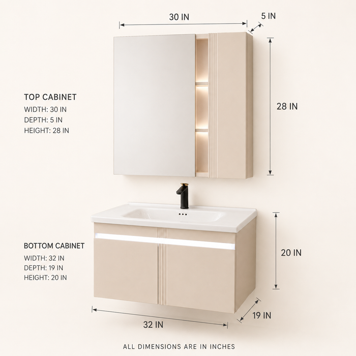 Bassino wall-mounted vanity set with upper mirror cabinet and lower cabinet doors open, showing spacious internal storage and illuminated shelves.