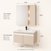 Bassino wall-mounted vanity set with upper mirror cabinet and lower cabinet doors open, showing spacious internal storage and illuminated shelves.
