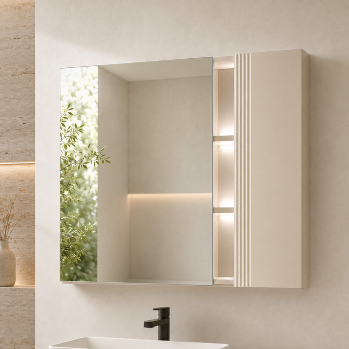 Bassino wall-mounted vanity set with upper mirror cabinet and lower cabinet doors open, showing spacious internal storage and illuminated shelves.