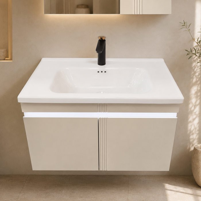 Bassino wall-mounted vanity set with upper mirror cabinet and lower cabinet doors open, showing spacious internal storage and illuminated shelves.