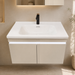 Bassino wall-mounted vanity set with upper mirror cabinet and lower cabinet doors open, showing spacious internal storage and illuminated shelves.