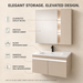 Bassino wall-mounted vanity set with upper mirror cabinet and lower cabinet doors open, showing spacious internal storage and illuminated shelves.