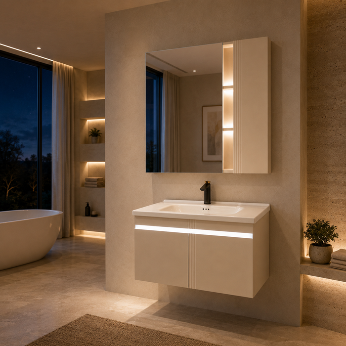 Bassino wall-mounted vanity set with upper mirror cabinet and lower cabinet doors open, showing spacious internal storage and illuminated shelves.