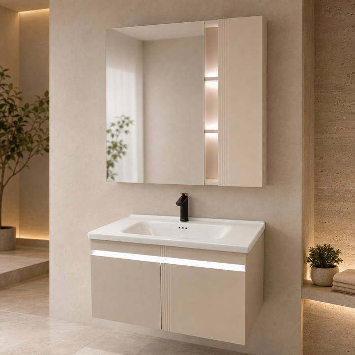 Bassino wall-mounted vanity set with upper mirror cabinet and lower cabinet doors open, showing spacious internal storage and illuminated shelves.