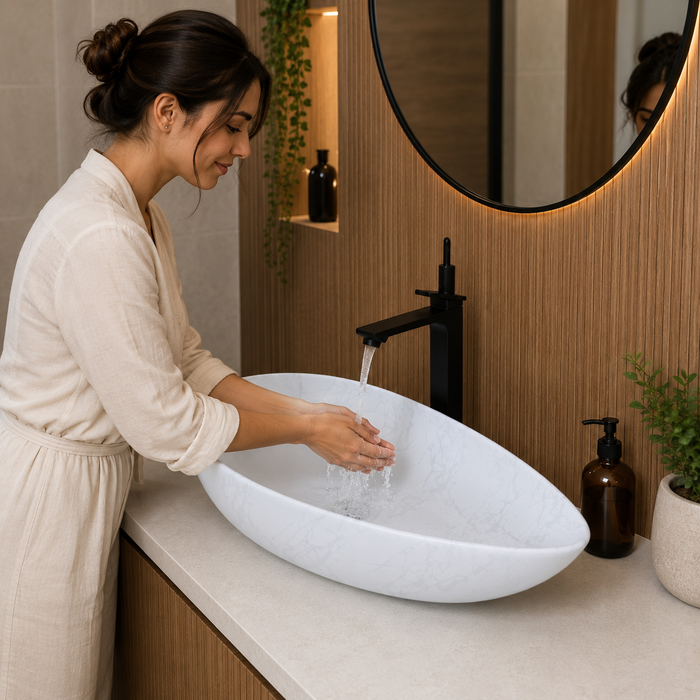 Bassino white marble pattern table top wash basin 560 × 355 × 130 mm with asymmetrical oval design for modern luxury bathroom countertops.