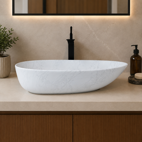 White Marble Pattern Matte Ceramic Designer Table Top Wash Basin – 22 × 14 × 5 Inch | Modern Countertop Basin