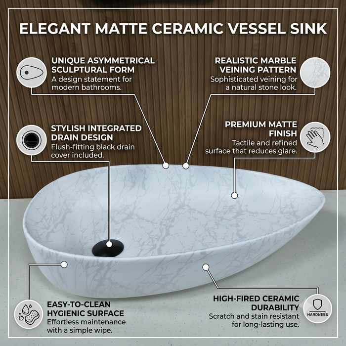 Bassino white marble pattern table top wash basin 560 × 355 × 130 mm with asymmetrical oval design for modern luxury bathroom countertops.