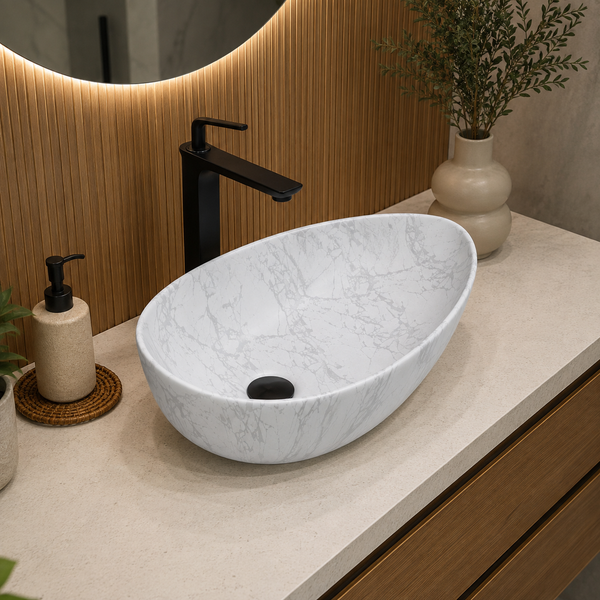 White Marble Pattern Matte Ceramic Designer Table Top Wash Basin – 22 × 14 × 5 Inch | Modern Countertop Basin