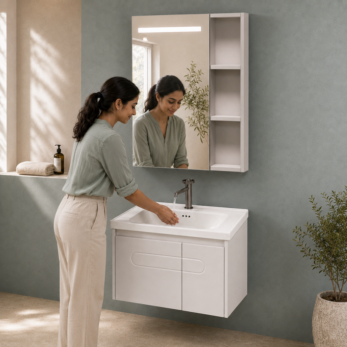 Bassino white wall-mounted bathroom vanity set with LED mirror cabinet, open side shelves and ceramic basin.