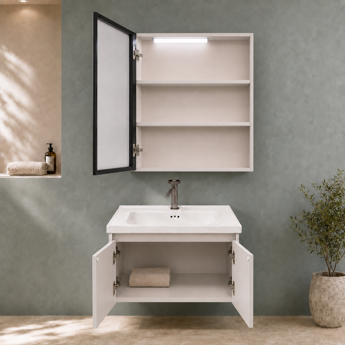 Bassino white wall-mounted bathroom vanity set with LED mirror cabinet, open side shelves and ceramic basin.