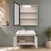 Bassino white wall-mounted bathroom vanity set with LED mirror cabinet, open side shelves and ceramic basin.