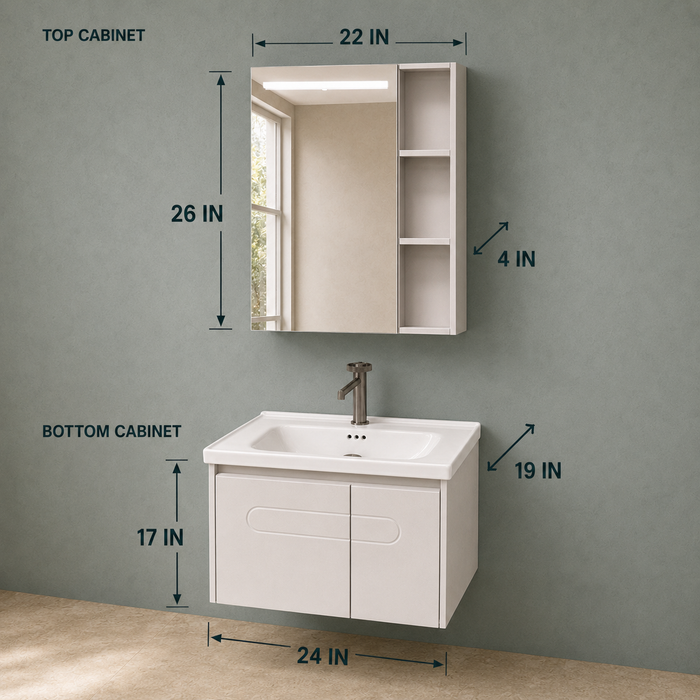 Bassino white wall-mounted bathroom vanity set with LED mirror cabinet, open side shelves and ceramic basin.