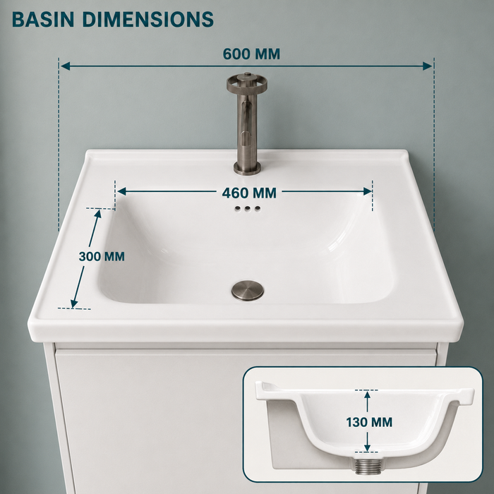 Bassino white wall-mounted bathroom vanity set with LED mirror cabinet, open side shelves and ceramic basin.
