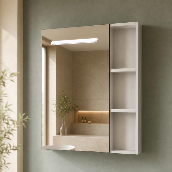 Bassino white wall-mounted bathroom vanity set with LED mirror cabinet, open side shelves and ceramic basin.