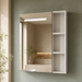 Bassino white wall-mounted bathroom vanity set with LED mirror cabinet, open side shelves and ceramic basin.