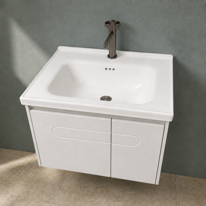 Bassino white wall-mounted bathroom vanity set with LED mirror cabinet, open side shelves and ceramic basin.