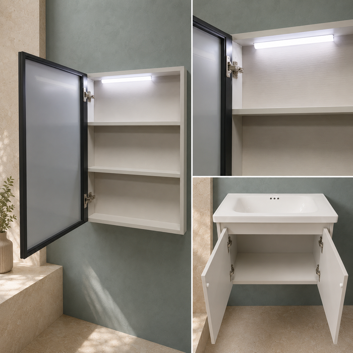 Bassino white wall-mounted bathroom vanity set with LED mirror cabinet, open side shelves and ceramic basin.
