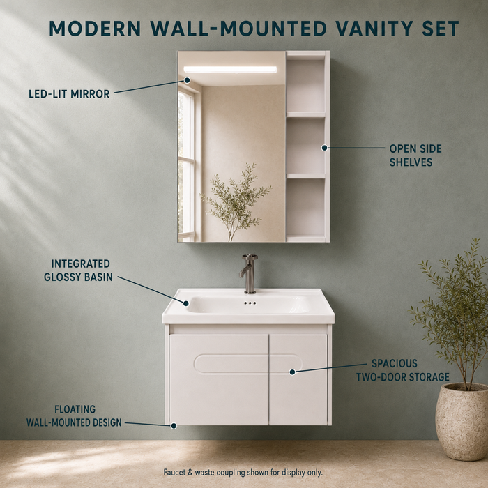 Bassino white wall-mounted bathroom vanity set with LED mirror cabinet, open side shelves and ceramic basin.