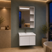 Bassino white wall-mounted bathroom vanity set with LED mirror cabinet, open side shelves and ceramic basin.