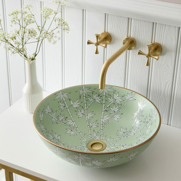 Designer Round Ceramic Wash Basin (Green with Golden Edge & Bamboo Art Design-  16 x 16 x 5 In- AB605)