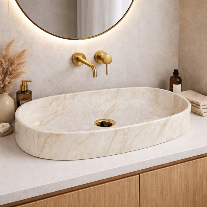Beige Glossy Marble Oval Countertop Long Wash Basin 