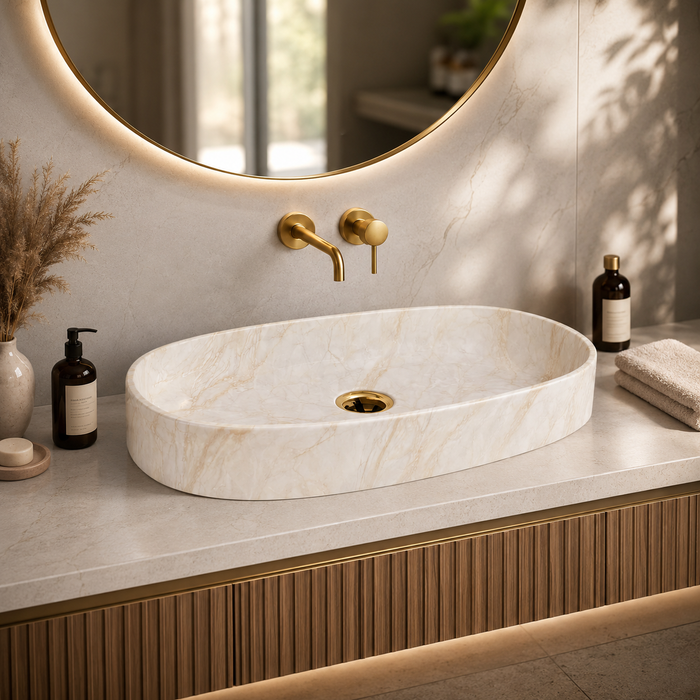 Beige Glossy Marble Oval Countertop Long Wash Basin 