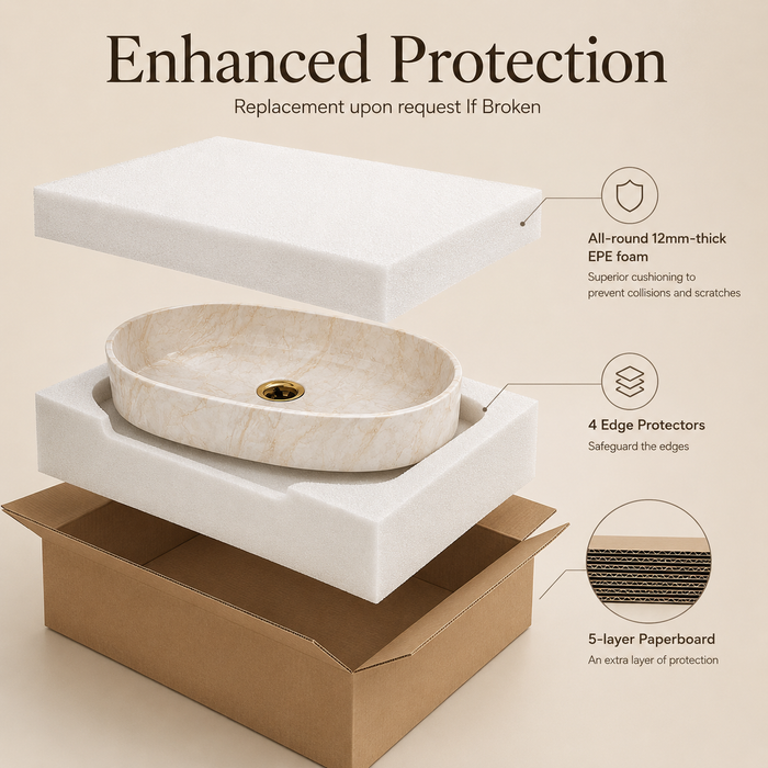 Beige Glossy Marble Oval Countertop Long Wash Basin 