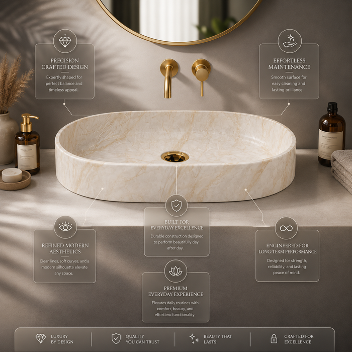 Beige Glossy Marble Oval Countertop Long Wash Basin 