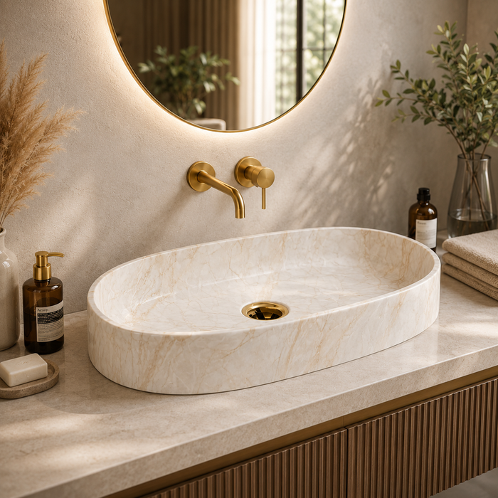 Beige Glossy Marble Oval Countertop Long Wash Basin 