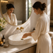 Beige Glossy Marble Oval Countertop Long Wash Basin 