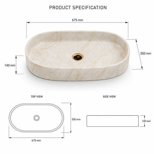 Glossy Marble Oval Countertop Wash Basin | (27" × 14" × 6" IN) Designer Bathroom Sink Beige