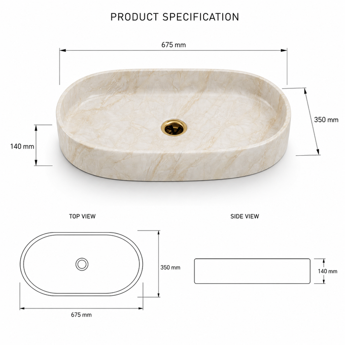 Beige Glossy Marble Oval Countertop Long Wash Basin 