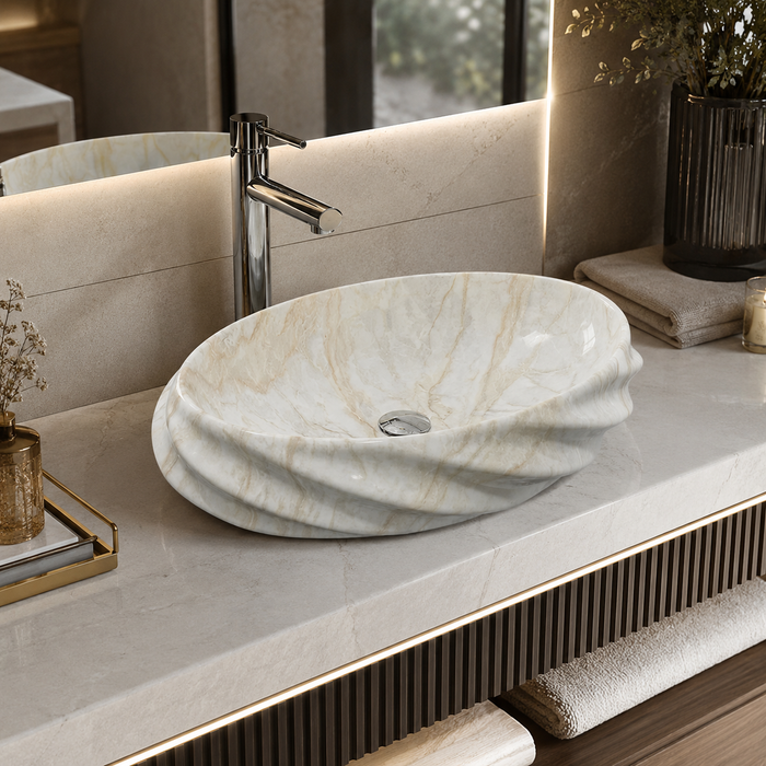 Beige Glossy Marble Oval Countertop Wash Basin