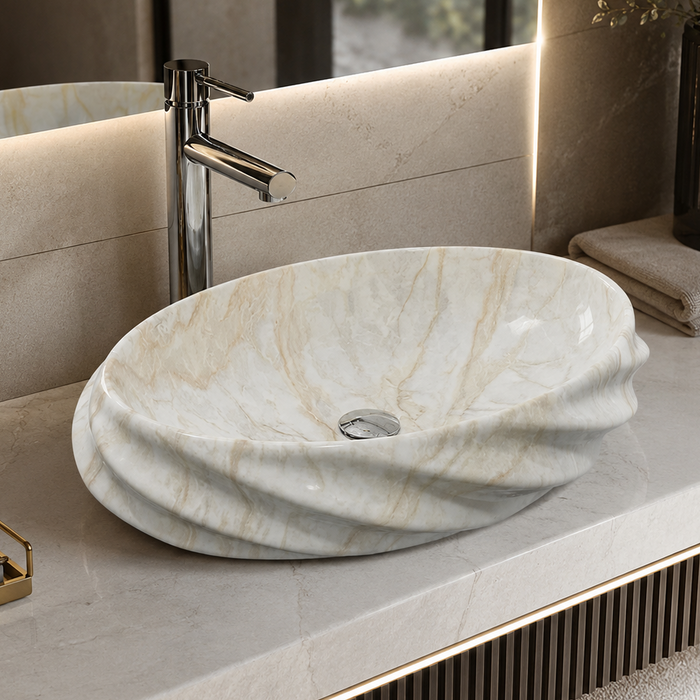 Beige Glossy Marble Oval Countertop Wash Basin