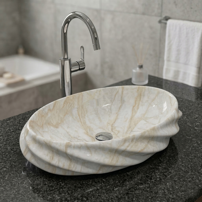 Beige Glossy Marble Oval Countertop Wash Basin